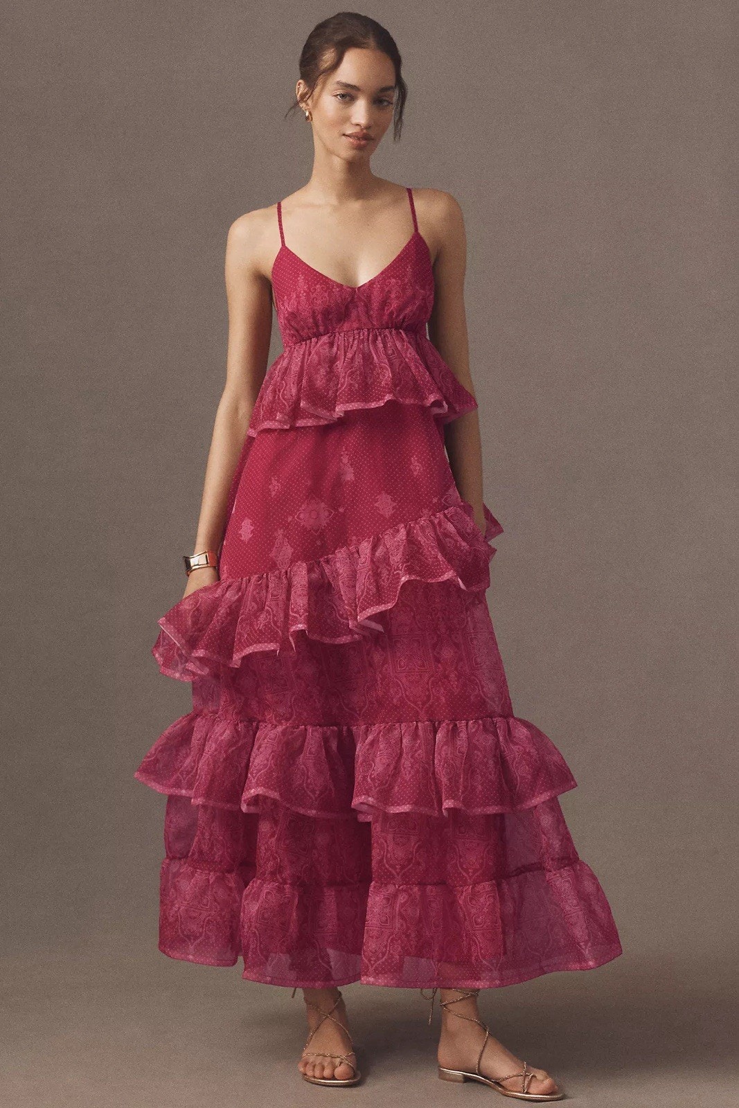 Nwt Let Me Be Sheer Tiered Midi Dress M Magenta Ruffle Sleeveless Anthropologie